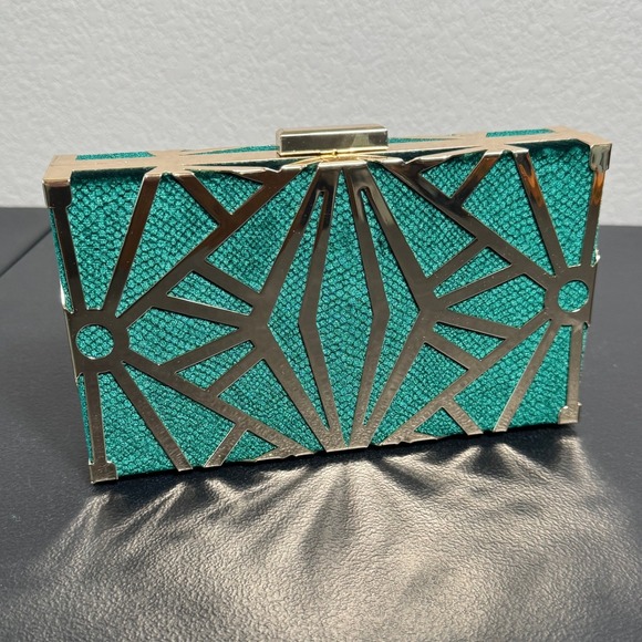 Cariedo Emerald Green Geometric Clutch Handbag Gold Chain Evening Bag - Picture 5 of 6